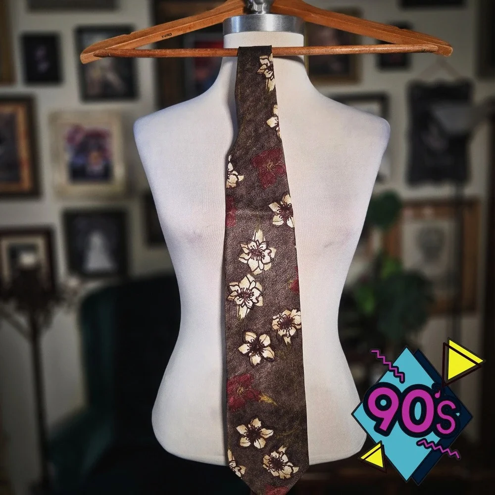 Structure Silk Tie Brown Floral Print Vintage 90s Retro Mens Necktie Made in USA